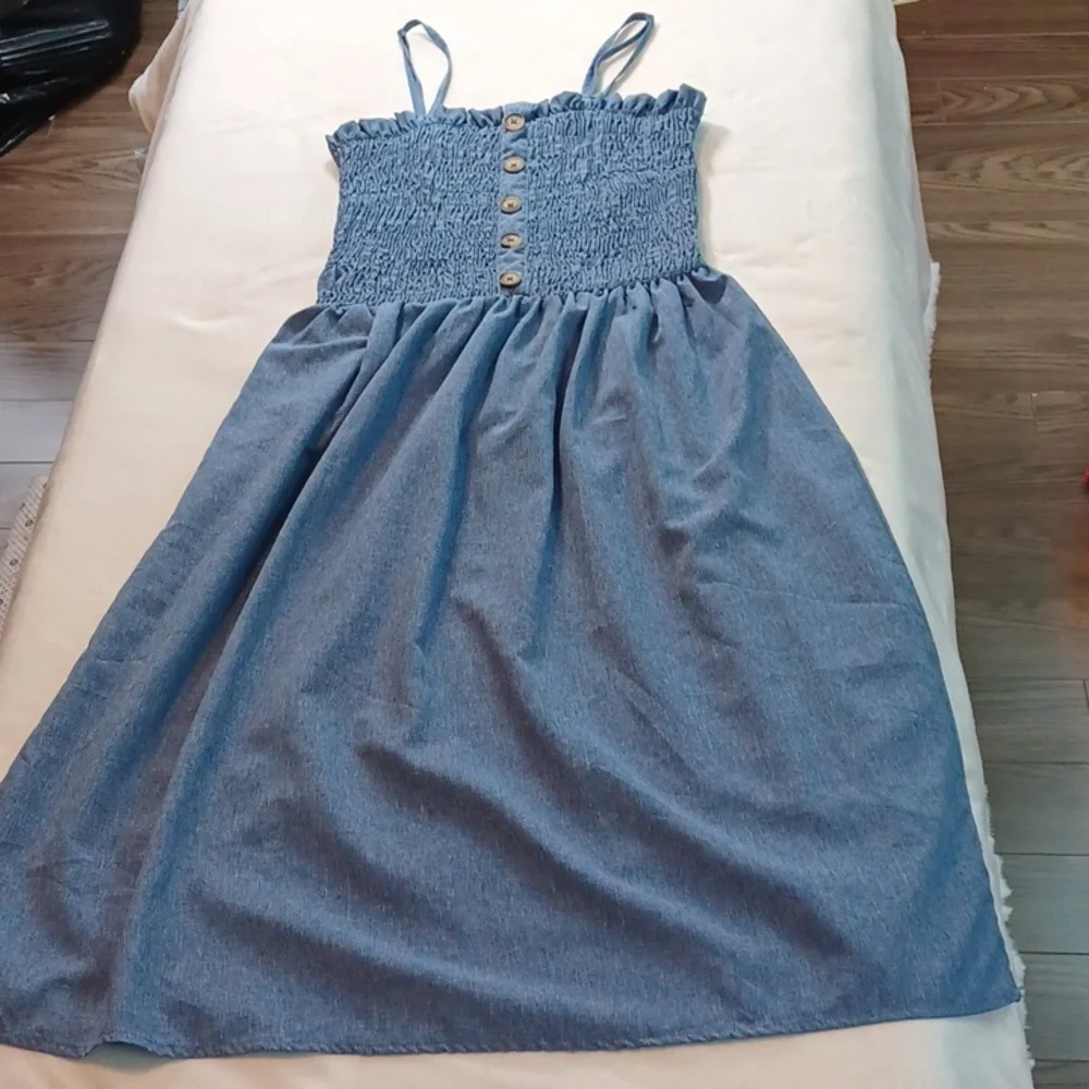 love by chesley chambray prairie smocked sundress button front spaghetti strap l - Picture 7 of 14